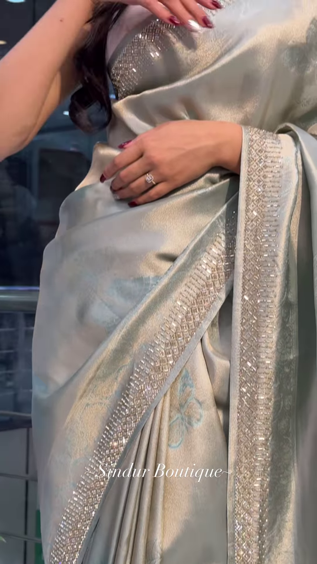 Elegant Sage Green Silk Saree with Sparkling Embellished Border