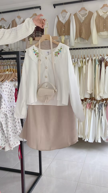 Charming Women's Embroidered Blouse and Layered Tulle Skirt Outfit with Crossbody Bag