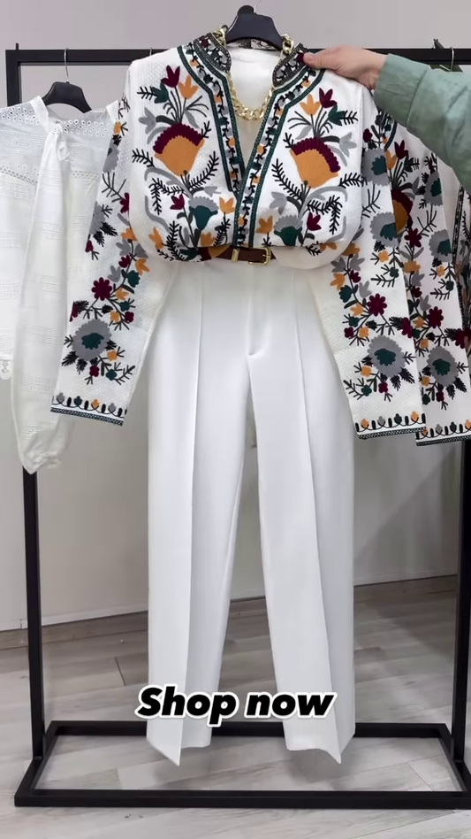 Elegant Women’s Embroidered Jacket and High-Waisted White Pants Set