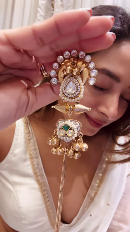 Elegant Gold-Toned Statement Earrings with Intricate Detailing and Chain Drapes