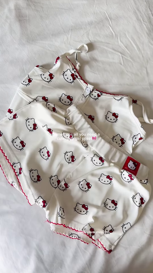 Cute Women's Hello Kitty Cami Pajama Set with Ruffle Trim