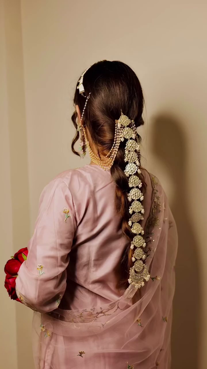 Elegant Bridal Hair Accessory (Matha Patti/Jhoomar) with Intricate Gold-Toned and Pearl Detailing