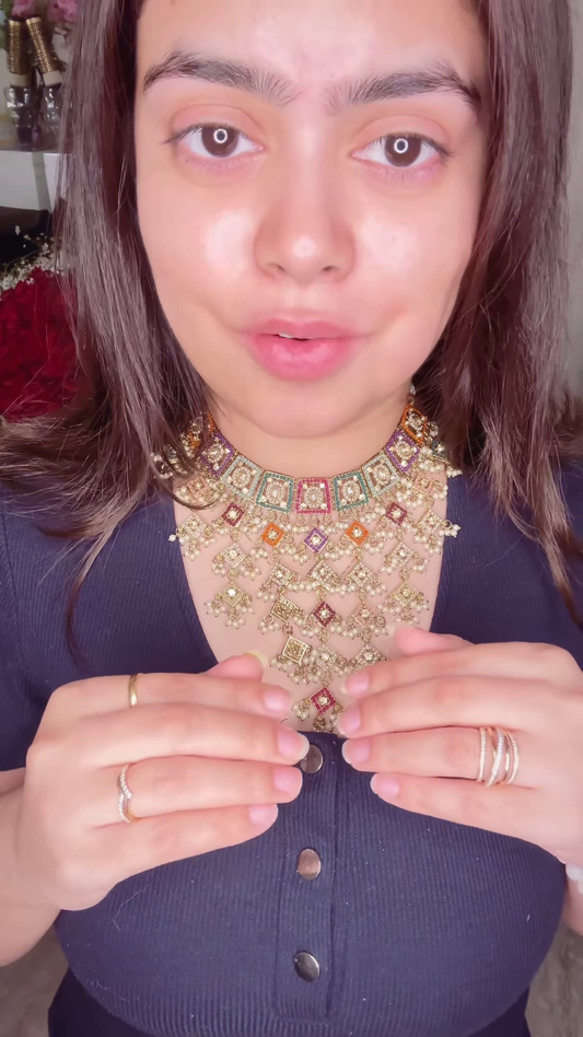 Stunning Kundan Necklace Set with Intricate Gemstone Detailing and Pearl Drops