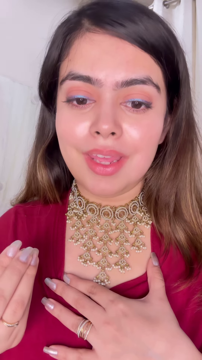 Ornate Gold-Toned Kundan Choker Necklace with Cascading Pearl Drops