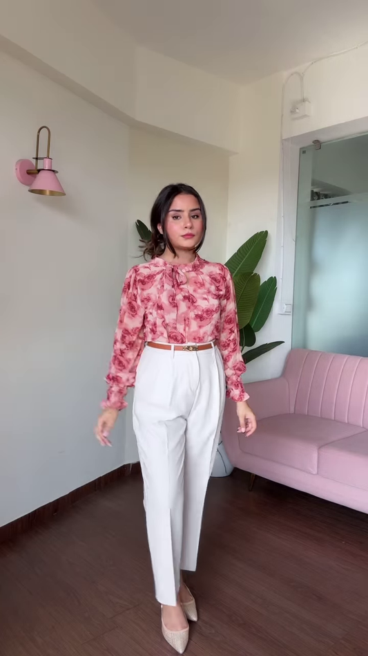 Chic Cold Shoulder Floral Print Blouse with Ruffle Sleeves and High-Waisted Black Pants