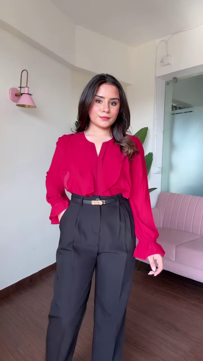 Chic Cold Shoulder Floral Print Blouse with Ruffle Sleeves and High-Waisted Black Pants