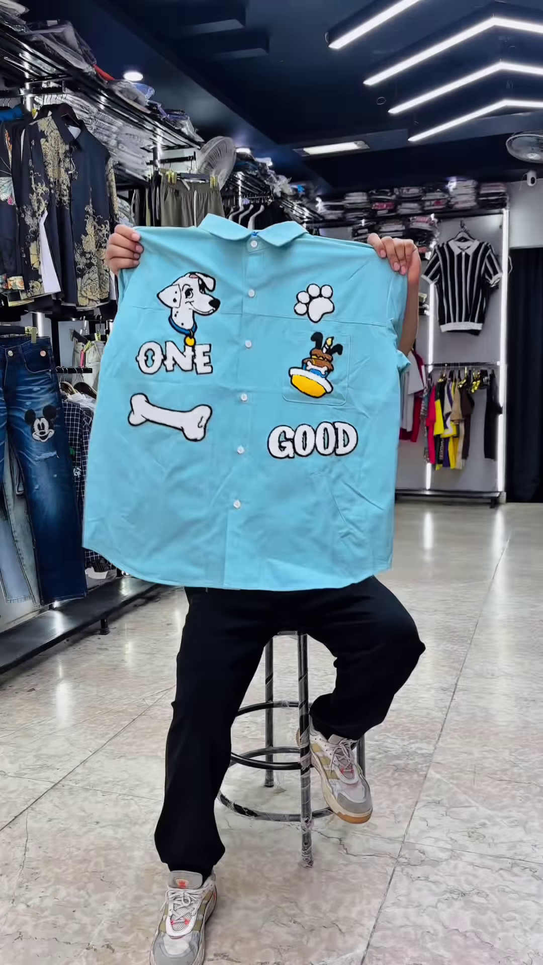 Unique Hand-Painted Cartoon Denim Shirt for Men with Christmas Theme