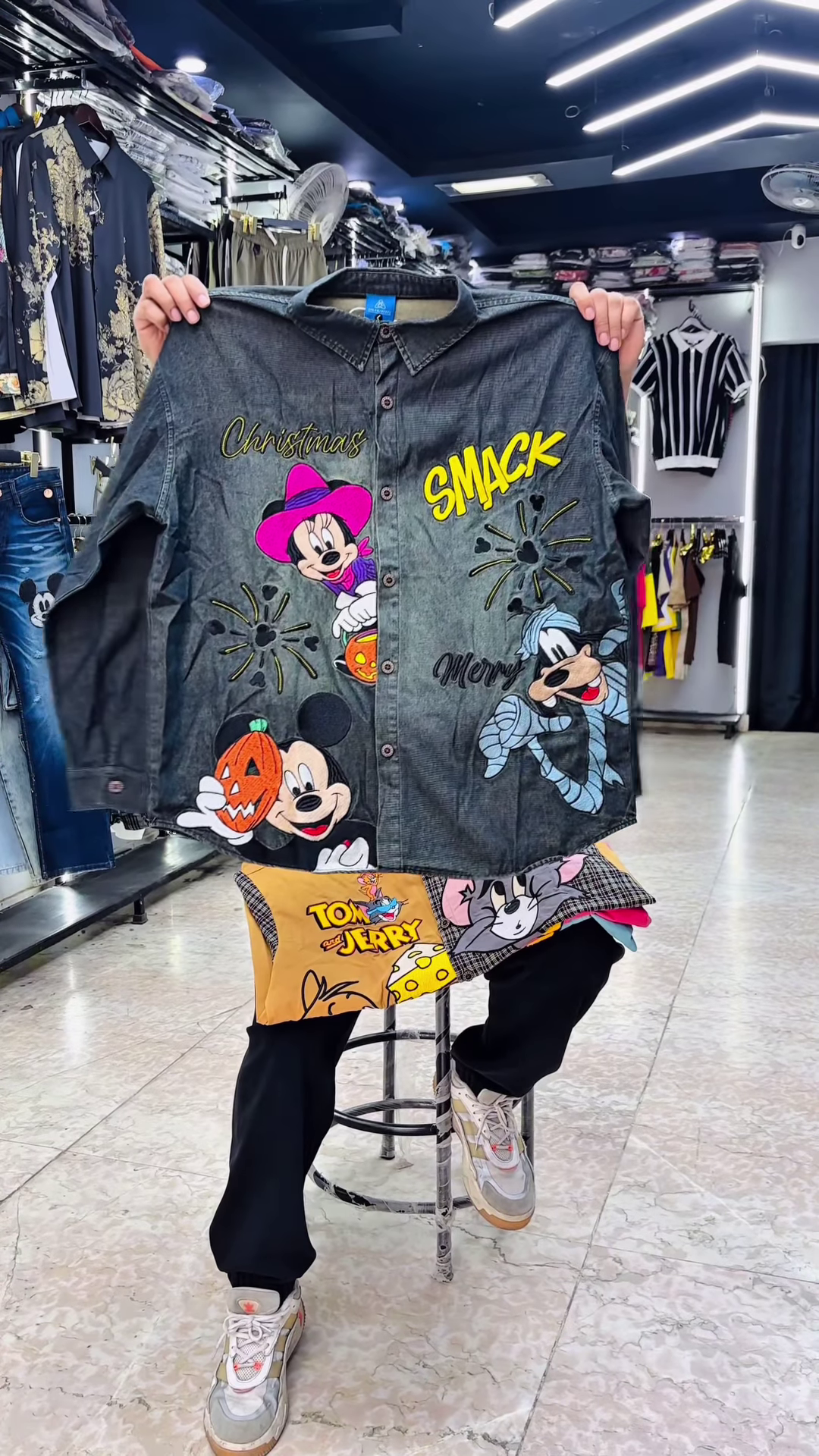 Unique Hand-Painted Cartoon Denim Shirt for Men with Christmas Theme