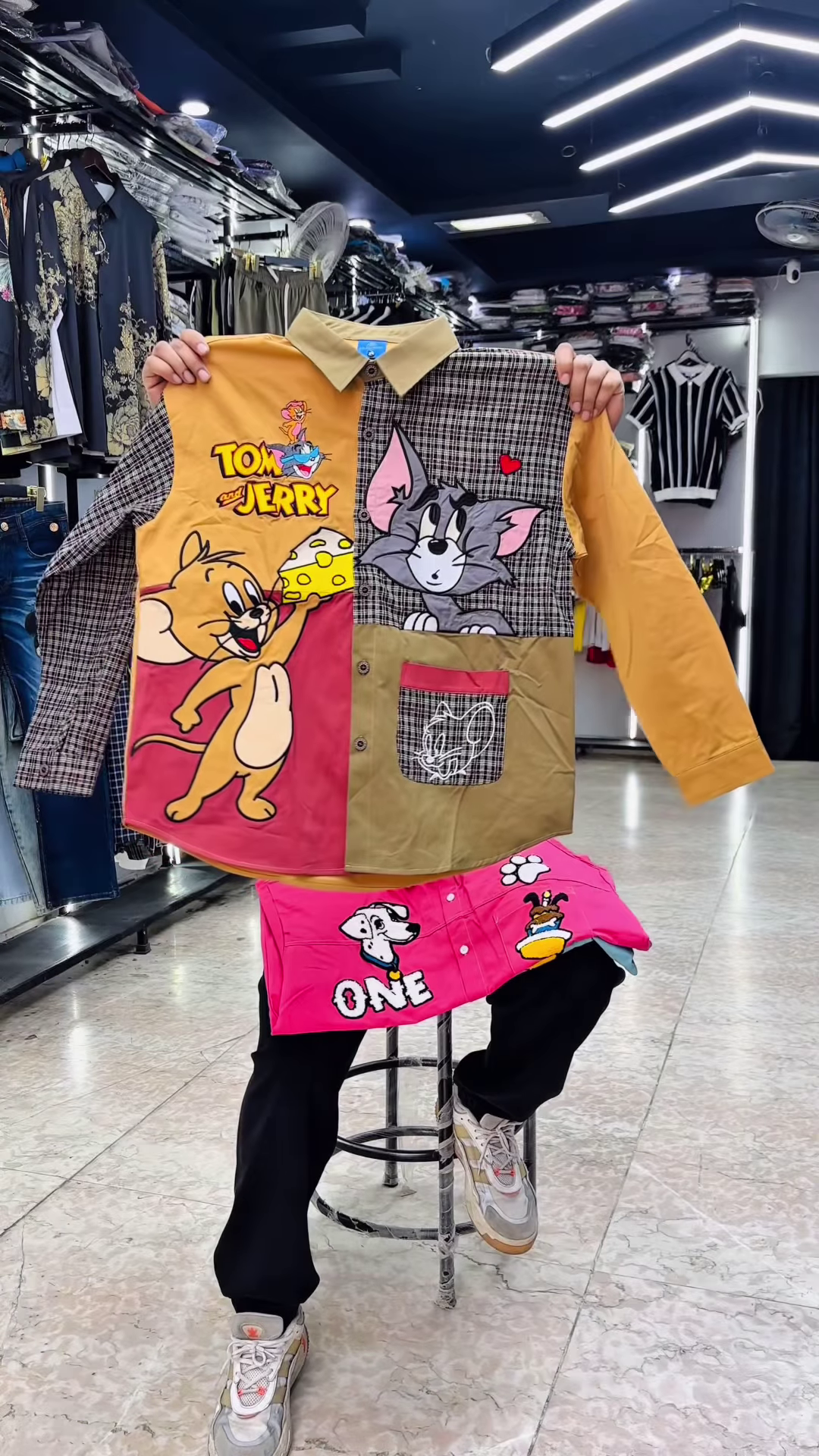 Unique Hand-Painted Cartoon Denim Shirt for Men with Christmas Theme