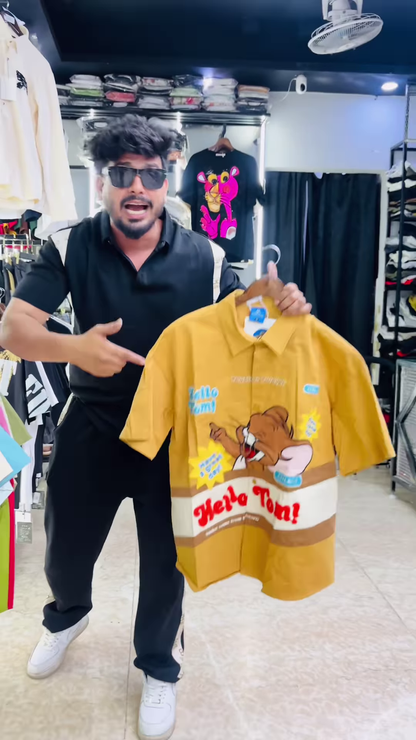 Bold Men’s Graphic Print Polo Shirt with Cartoon Characters and Text