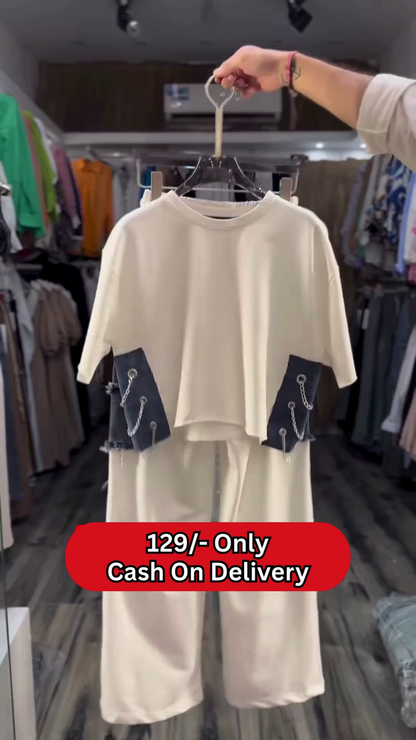 Trendy Women’s Cream Cropped T-Shirt and Wide-Leg Pants Set with Chain Detail