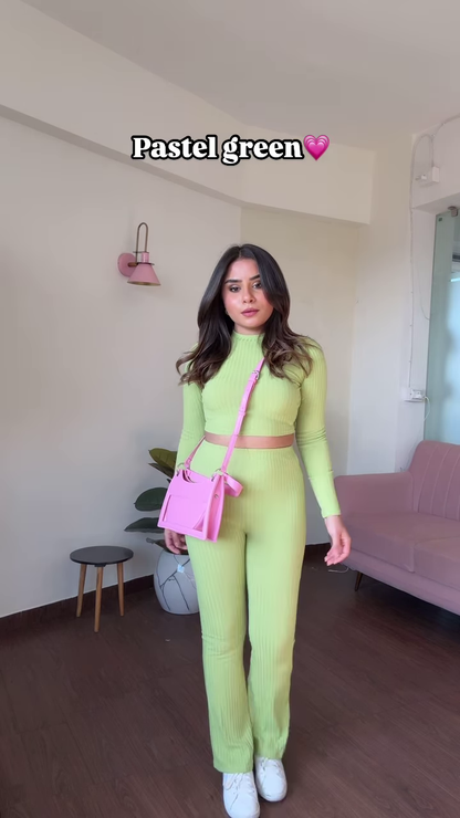 Chic Teal Ribbed Knit Co-ord Set with Cropped Turtleneck and Wide-Leg Pants
