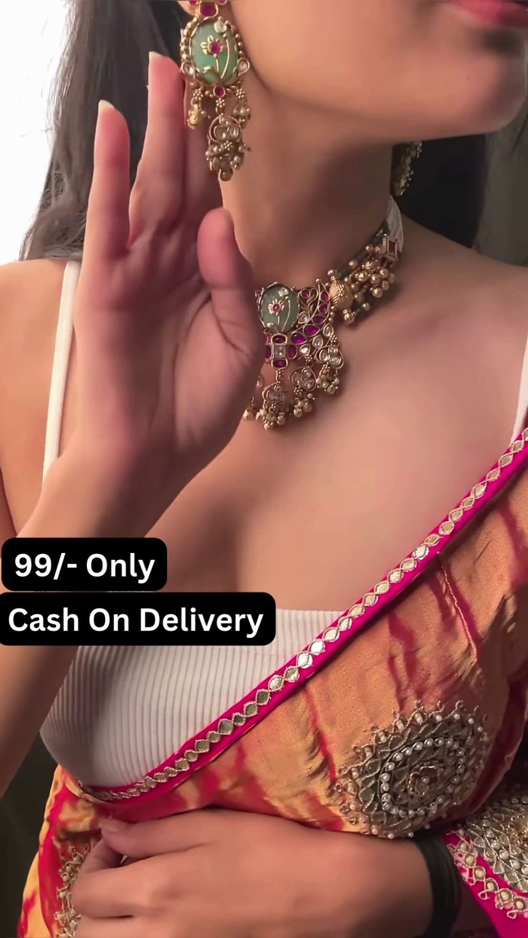 Exquisite Kundan Choker Necklace Set with Green Stone and Pearl Drops