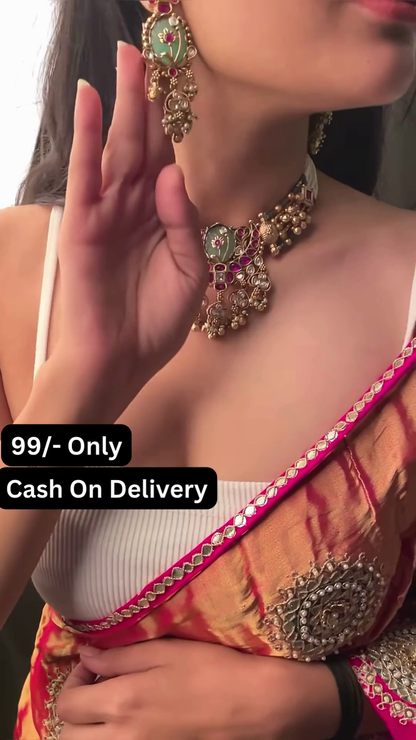 Exquisite Kundan Choker Necklace Set with Green Stone and Pearl Drops