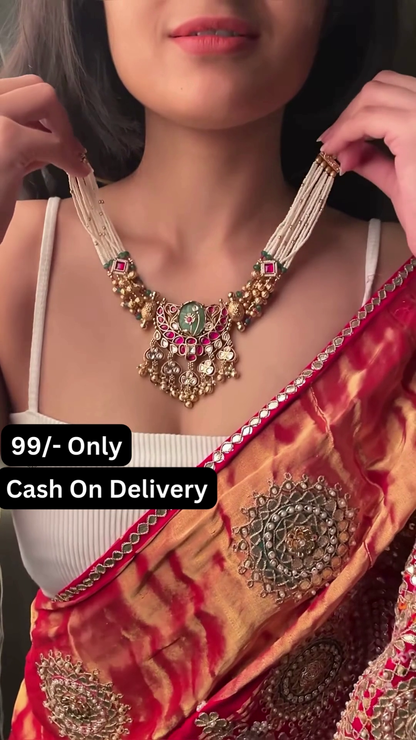Exquisite Kundan Choker Necklace Set with Green Stone and Pearl Drops