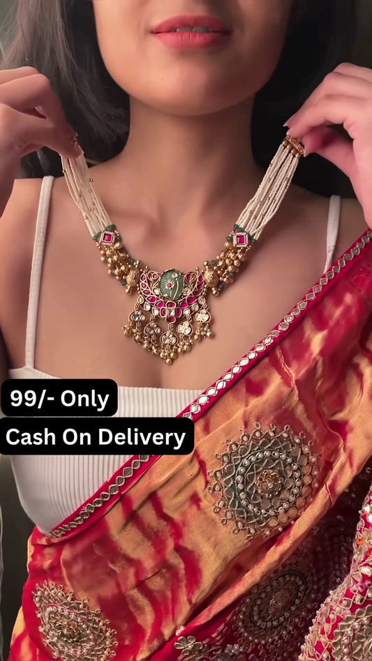 Exquisite Kundan Choker Necklace Set with Green Stone and Pearl Drops