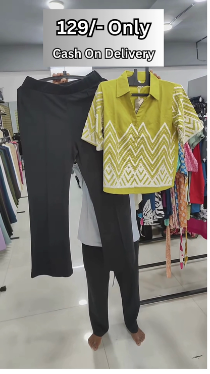 Trendy Women's Olive Green and White Zigzag Embroidered Top with Black Pants Set