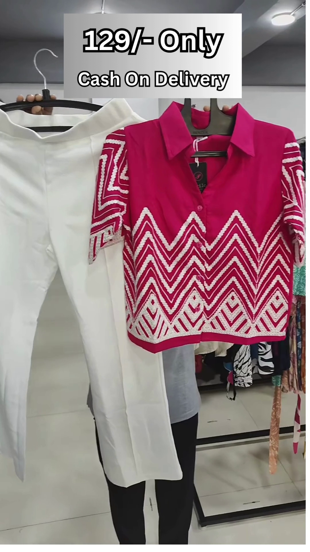 Trendy Women's Olive Green and White Zigzag Embroidered Top with Black Pants Set