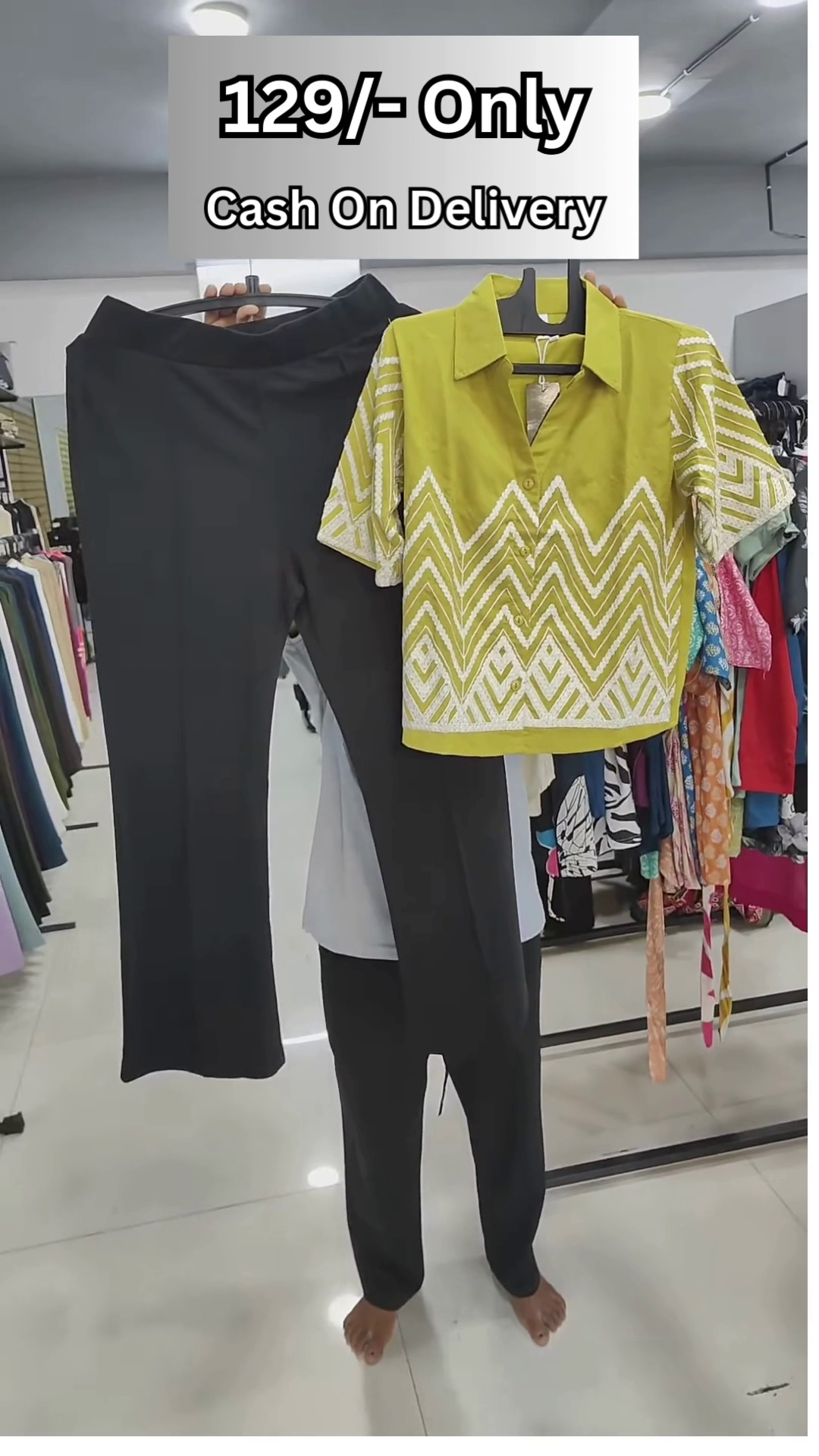 Trendy Women’s Olive Green and White Zigzag Embroidered Top with Black Pants Set