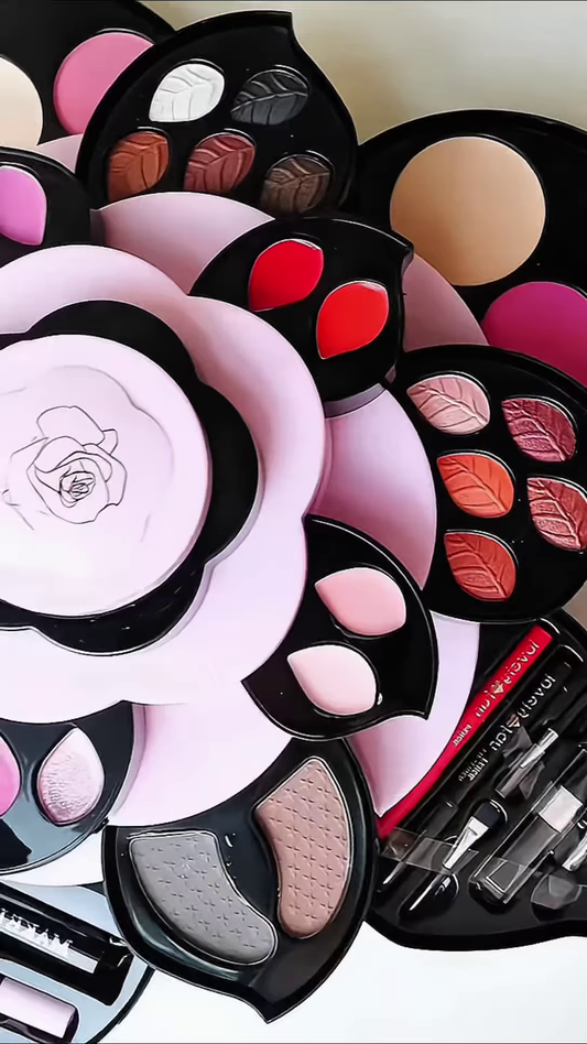 Large Rotating Flower Makeup Organizer Set with Eyeshadows, Blush, Lip Products, and Brushes