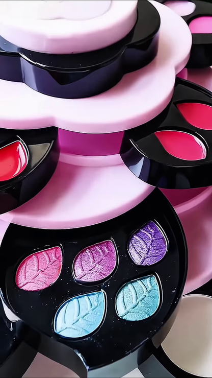 Large Rotating Flower Makeup Organizer Set with Eyeshadows, Blush, Lip Products, and Brushes
