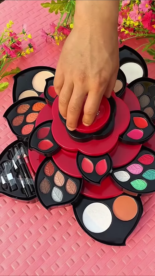 Large Rotating Flower Makeup Organizer Set with Eyeshadows, Blush, Lip Products, and Brushes
