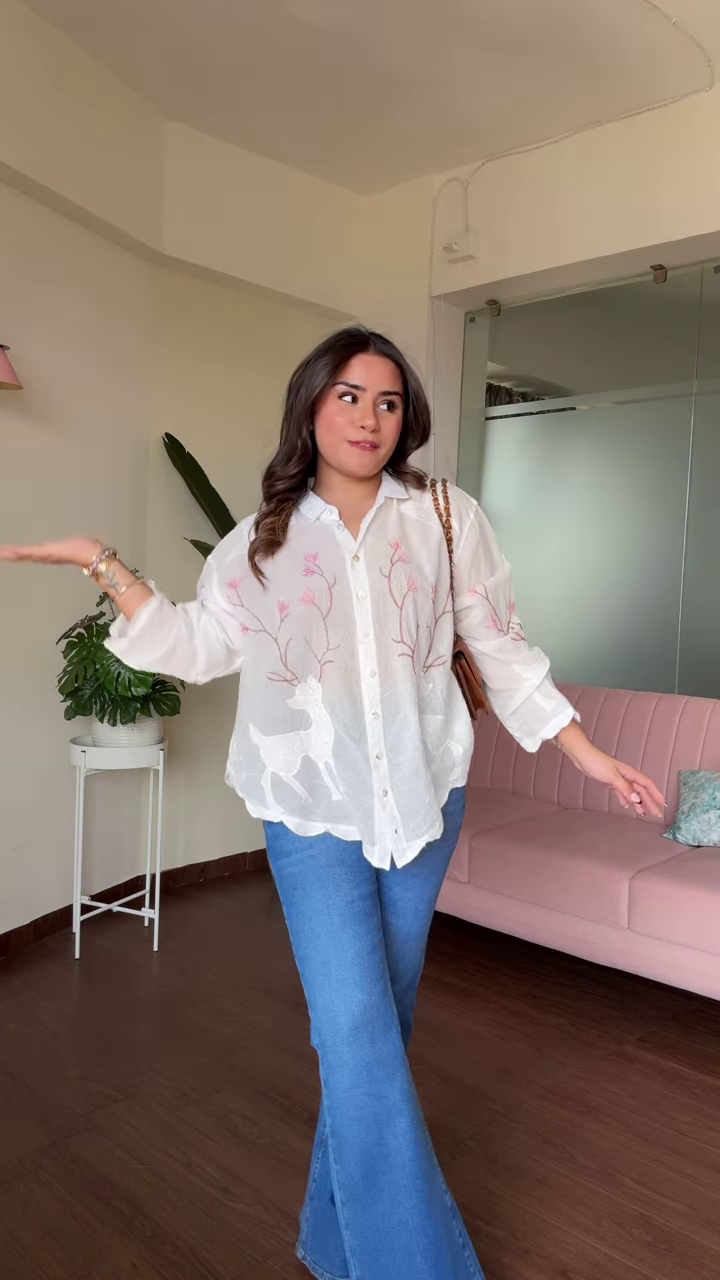 Stylish Women's Ombre Embroidered Top with Ruffle Details and Wide-Leg Jeans