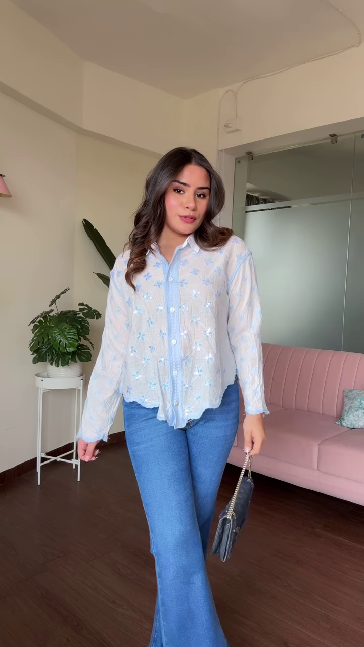 Stylish Women's Ombre Embroidered Top with Ruffle Details and Wide-Leg Jeans
