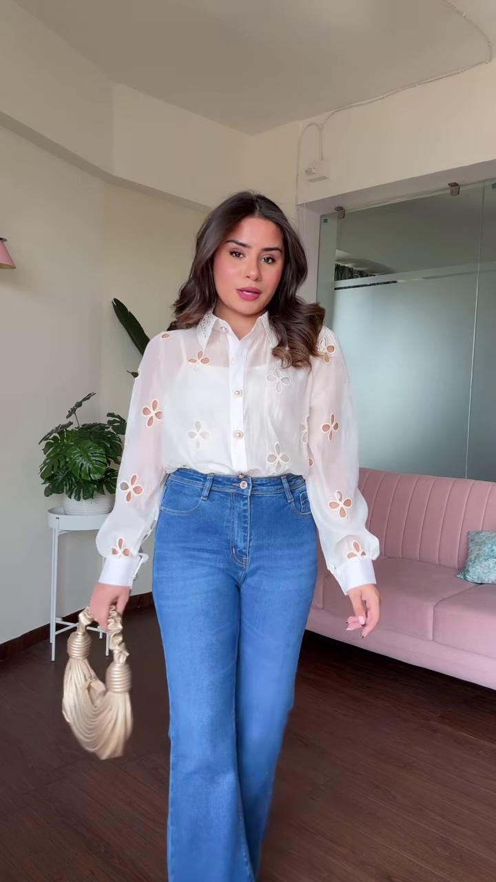 Stylish Women's Ombre Embroidered Top with Ruffle Details and Wide-Leg Jeans