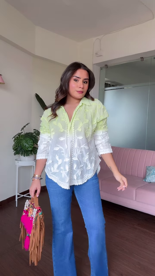 Stylish Women’s Ombre Embroidered Top with Ruffle Details and Wide-Leg Jeans