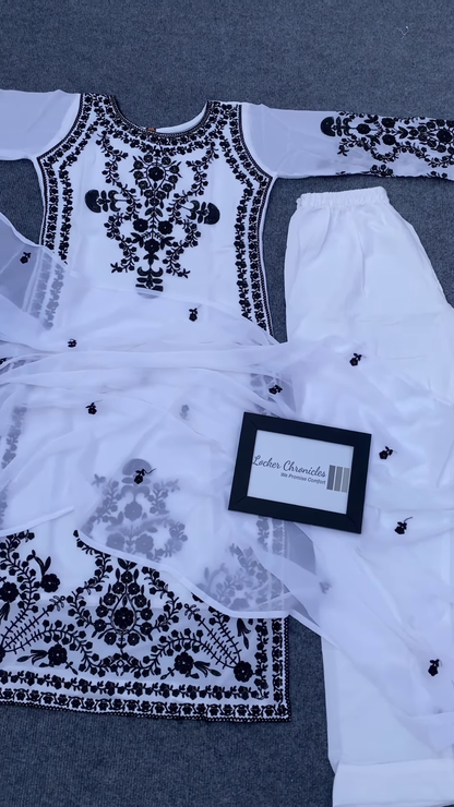 Elegant White Embroidered Chikankari Kurta Set with Dupatta and Pants