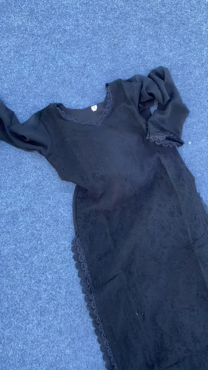 Elegant White Georgette Embroidered Kurti Set with Lace Trim and Dupatta