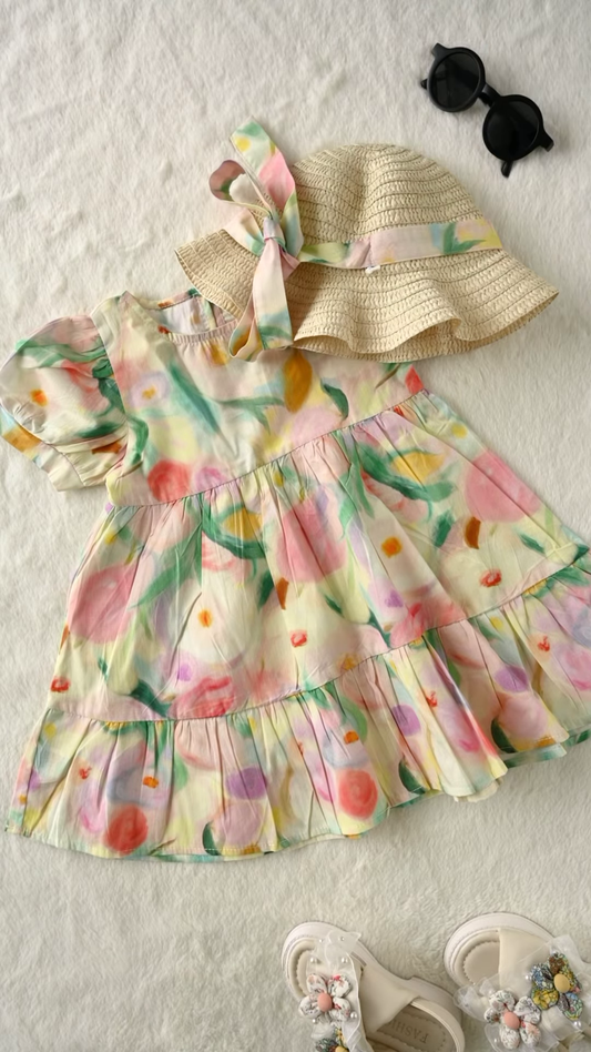 Sweet Baby Girl Summer Outfit Set: Floral Dress, Straw Hat, and Sandals