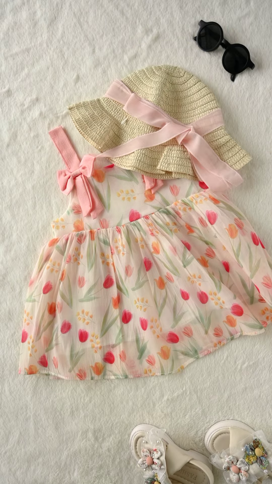 Sweet Baby Girl Summer Outfit Set: Floral Dress, Straw Hat, and Sandals