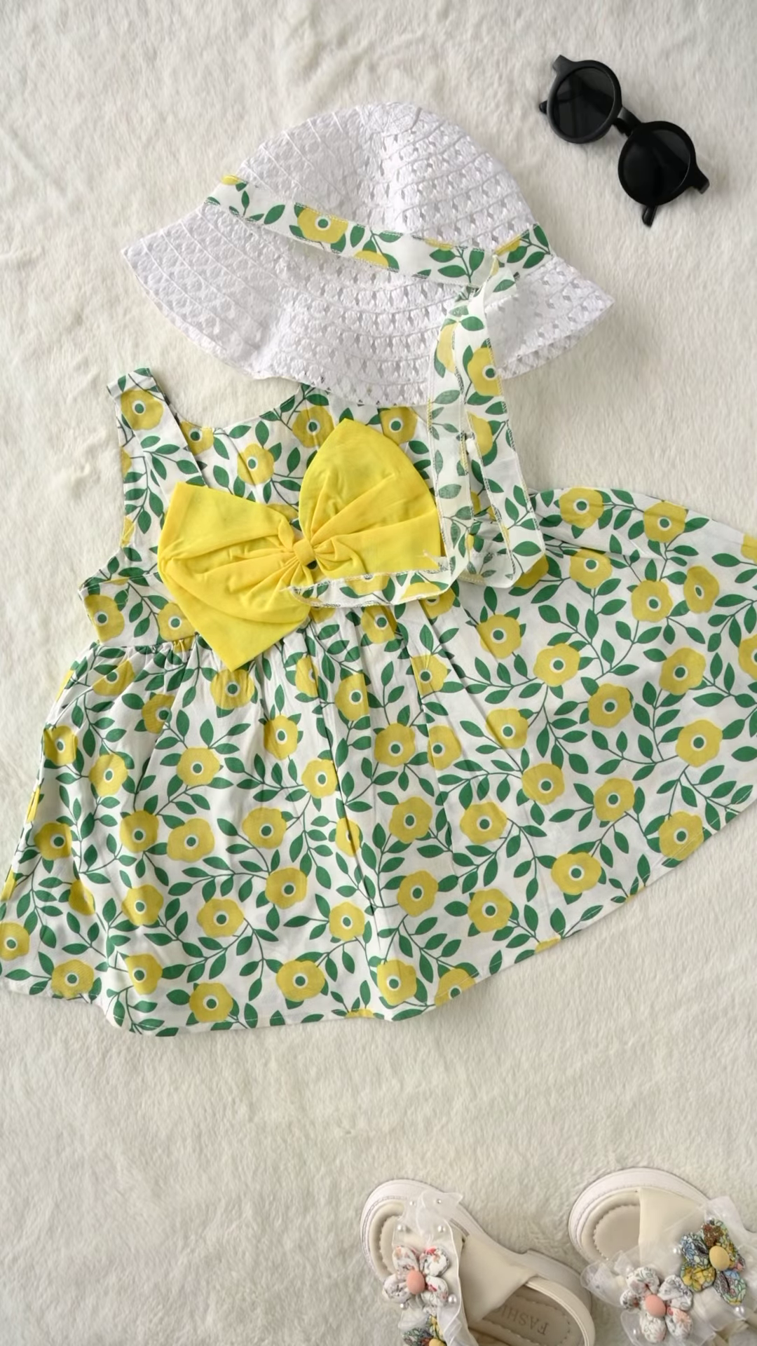 Sweet Baby Girl Summer Outfit Set: Floral Dress, Straw Hat, and Sandals