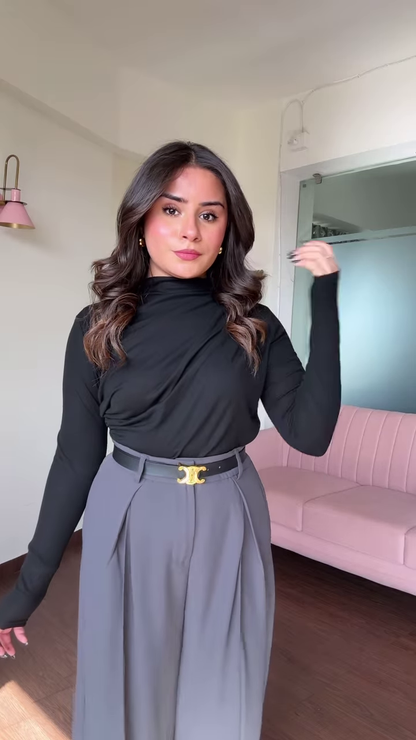 Chic Women's Outfit: Blue Mock Neck Long Sleeve Top and High-Waisted Black Wide-Leg Pants