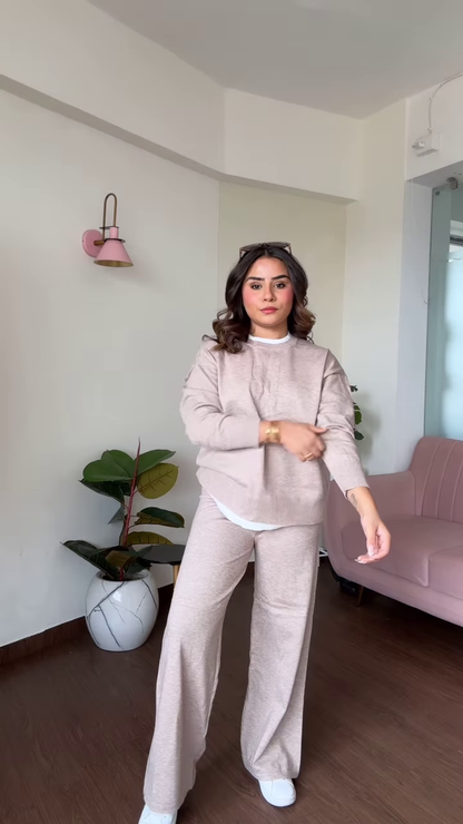 Casual Chic Women's Light Brown Knit Lounge Set with Wide-Leg Pants