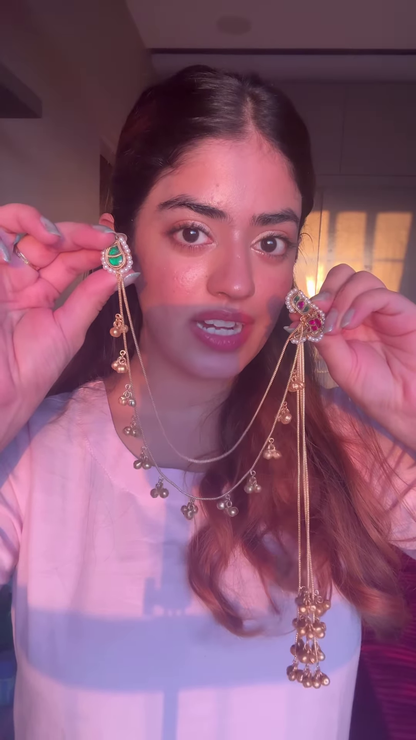 Elegant Gold-Toned Ear Chains (Kaan Chains/Mattals) with Gemstones and Jhumka Details