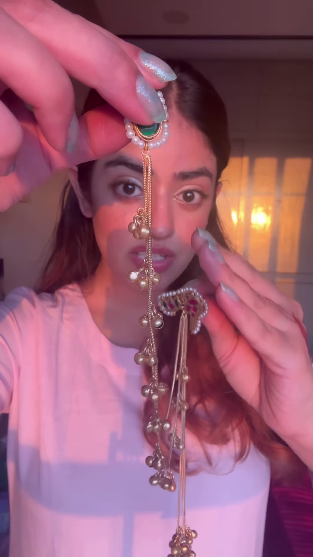 Elegant Gold-Toned Ear Chains (Kaan Chains/Mattals) with Gemstones and Jhumka Details