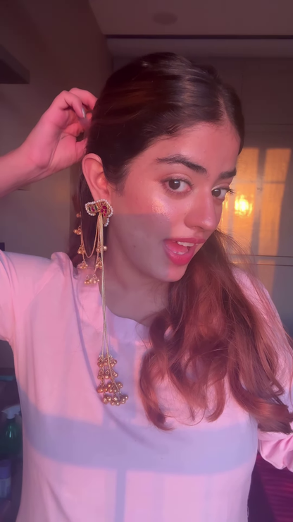Elegant Gold-Toned Ear Chains (Kaan Chains/Mattals) with Gemstones and Jhumka Details