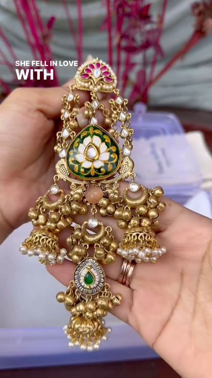 Exquisite Gold-Toned Jhumka Earrings with Kundan, Gemstones, and Pearl Details