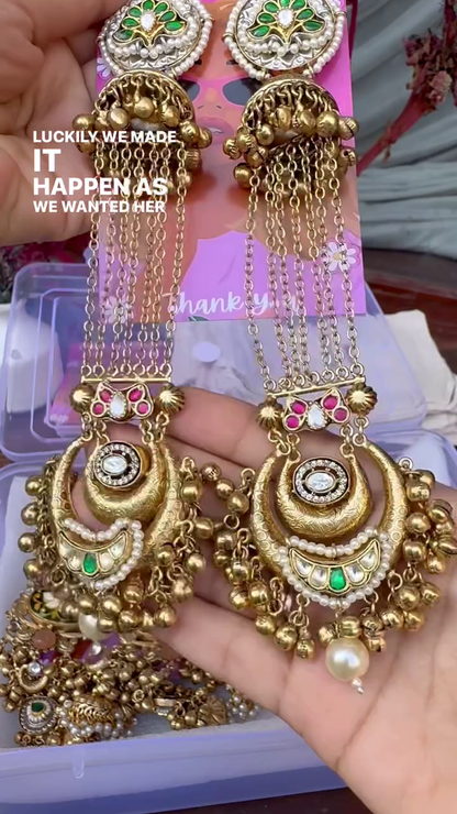 Exquisite Gold-Toned Jhumka Earrings with Kundan, Gemstones, and Pearl Details