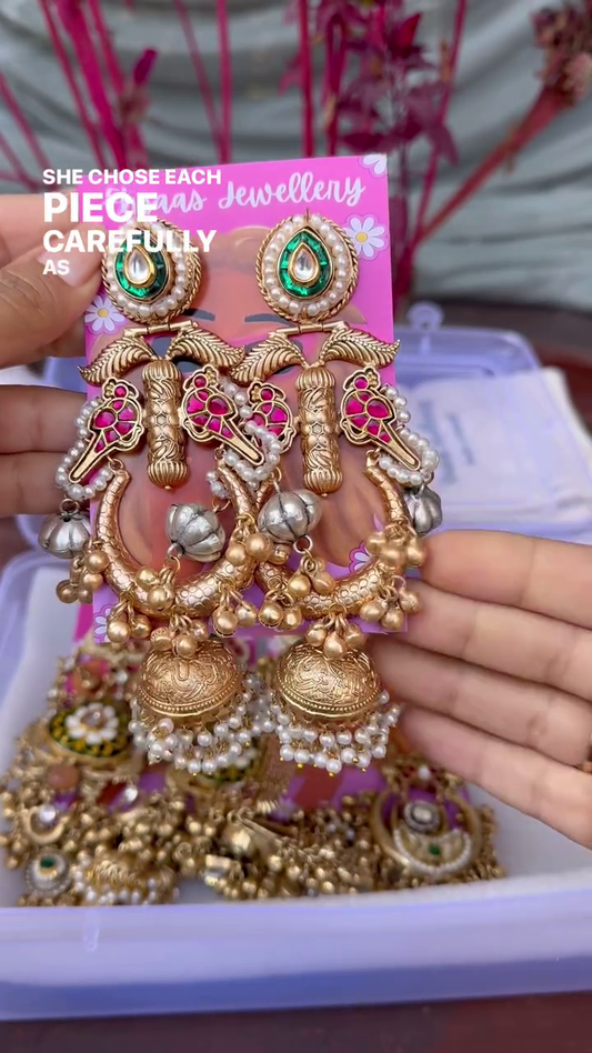 Exquisite Gold-Toned Jhumka Earrings with Kundan, Gemstones, and Pearl Details