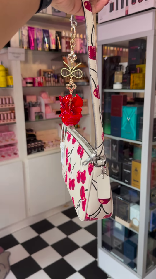 Wristlet with Cherry Print and Red Flower Charm