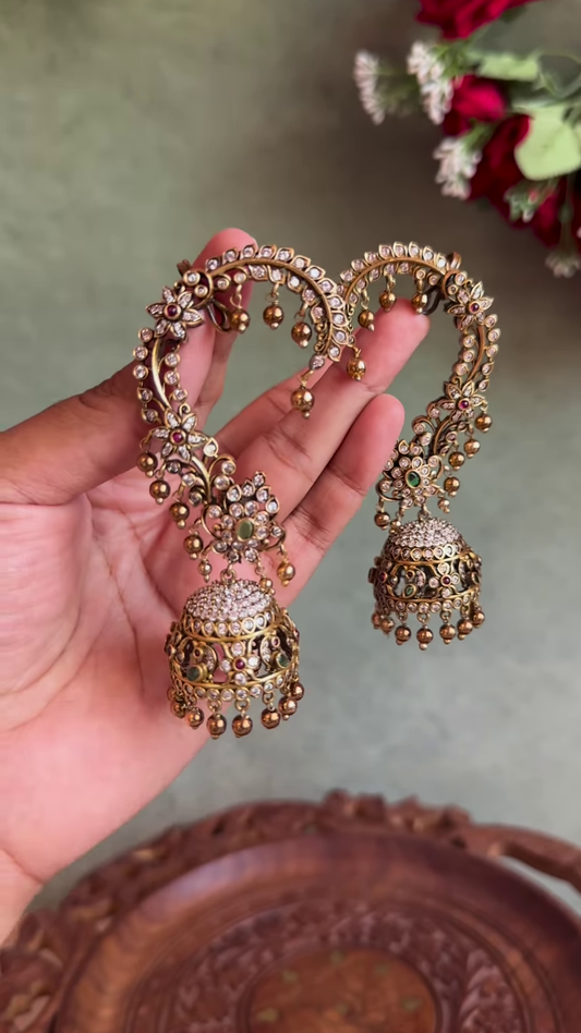 Intricate Gold-Toned Ear Cuffs with Jhumkas, Kundan, and Gemstone Details