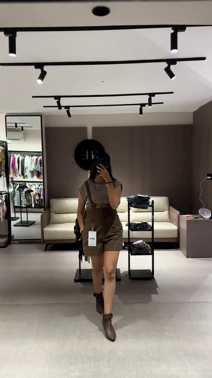 Casual Women's Olive Green Overall Shorts with Striped Tee