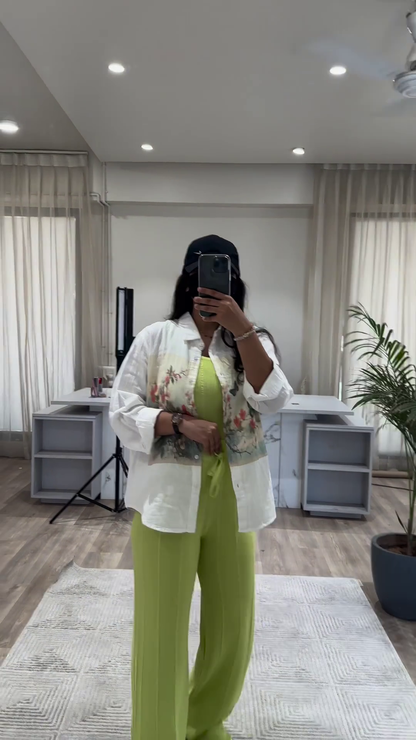 Bohemian Chic Outfit: Patterned Overshirt, Knit Top, and Wide-Leg Pants