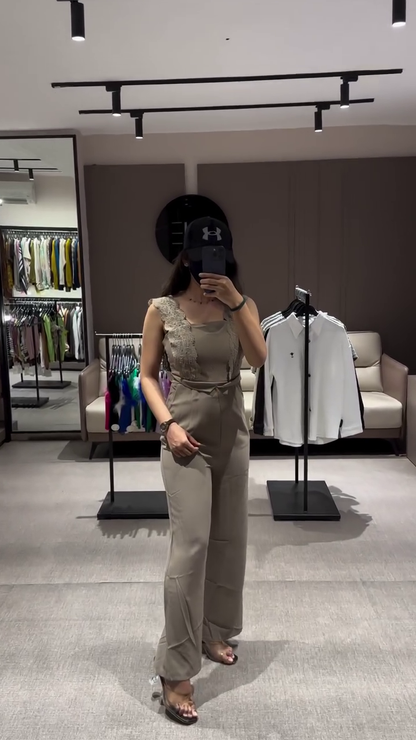 Stylish Blue Jumpsuit with Lace Detail and Wide Legs