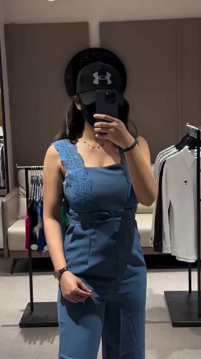 Stylish Blue Jumpsuit with Lace Detail and Wide Legs