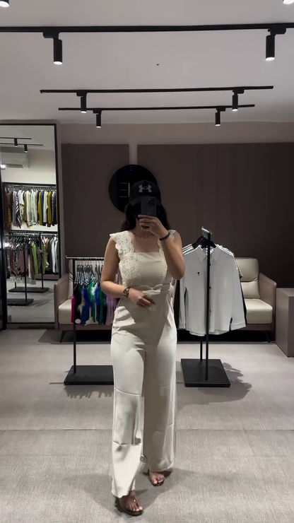 Stylish Blue Jumpsuit with Lace Detail and Wide Legs